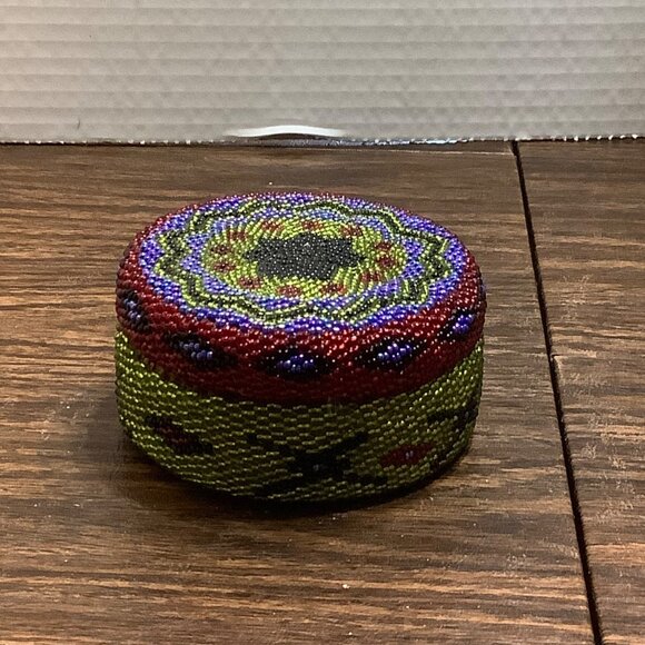 Vtg Seed Beads Handcrafted Trinket Box with Lid Decor 3.75” Multicolor - Picture 1 of 8